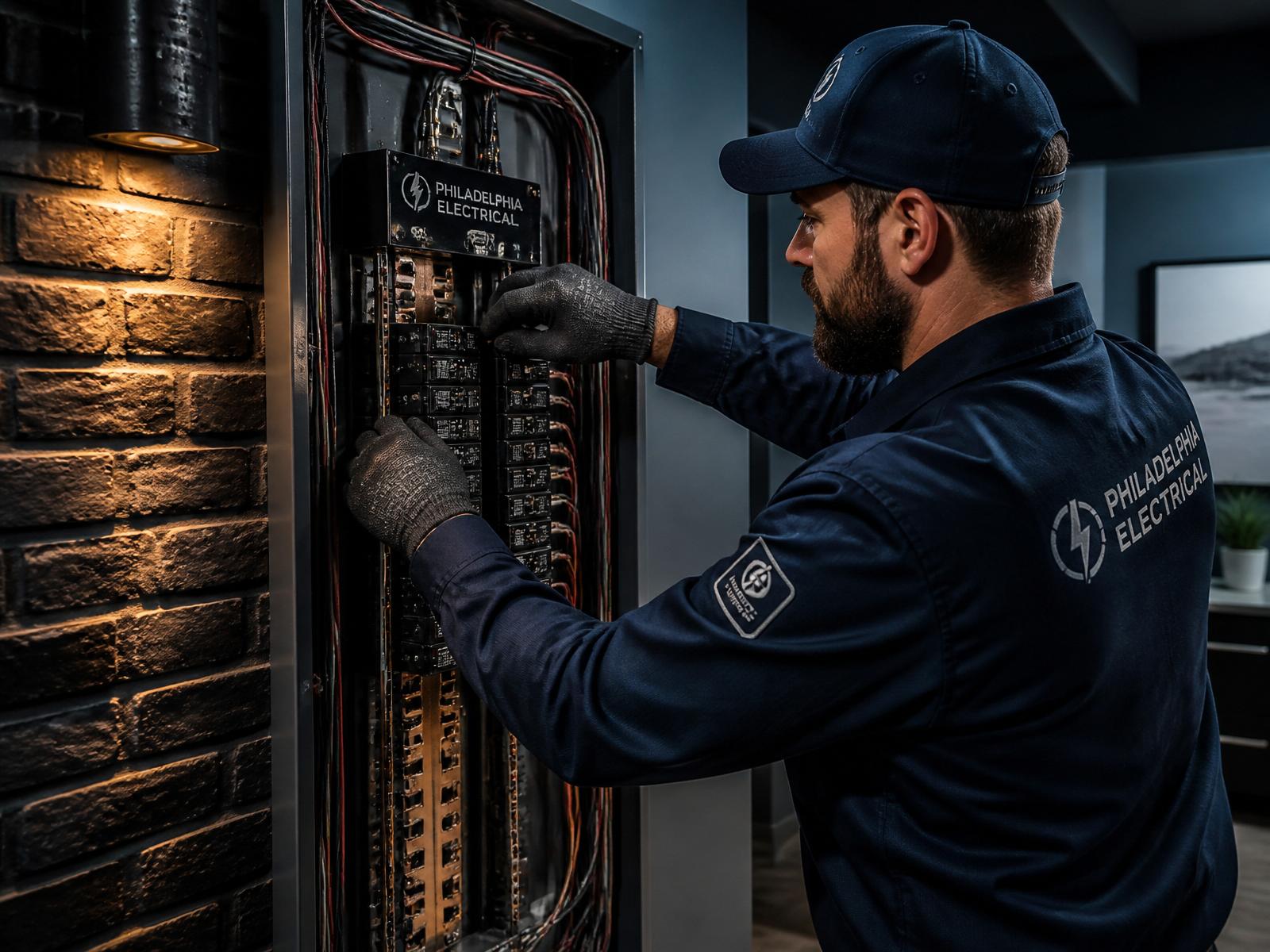 Licensed Philly Builder LLC electrician working on an electrical panel in Philadelphia